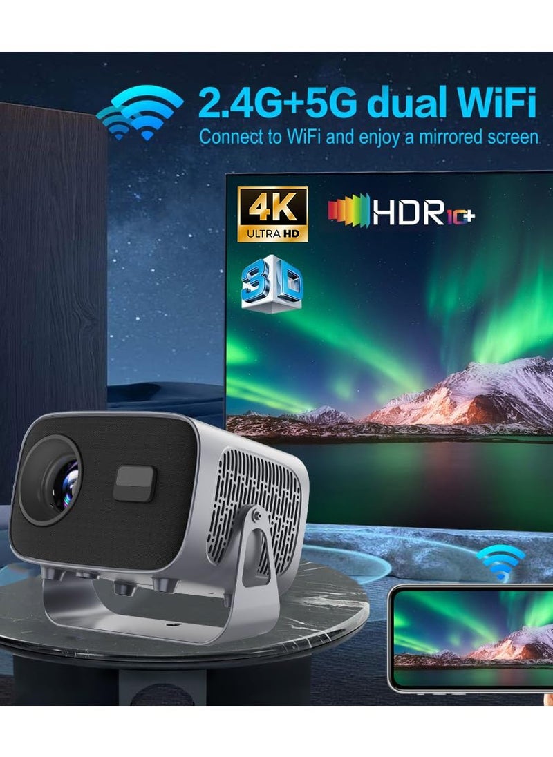Eworld - Portable 360° Rotating Projector with Auto Keystone, Electric Focus and 220 Lumens, 4K Full HD 1280x1080P Dual WiFi Display for Outdoor and Home Movie Theater, Compatible with Android 11.1, Grey - Image 1