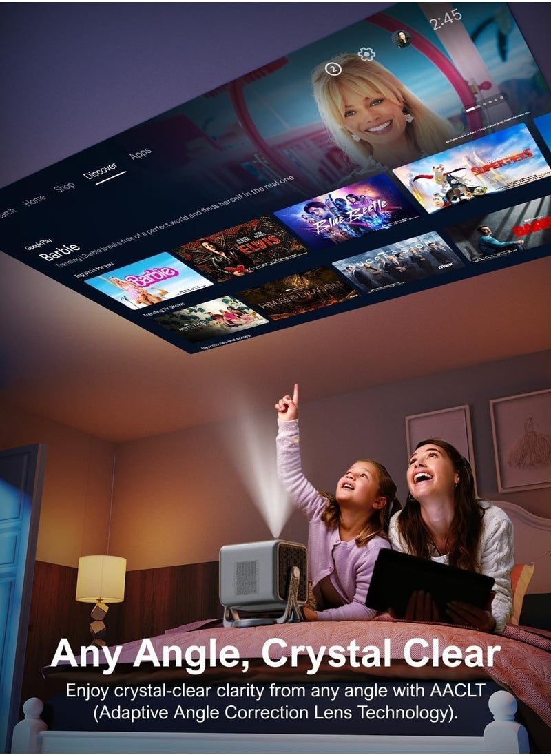 Eworld - Portable 360° Rotating Projector with Auto Keystone, Electric Focus and 220 Lumens, 4K Full HD 1280x1080P Dual WiFi Display for Outdoor and Home Movie Theater, Compatible with Android 11.1, Grey - Image 1