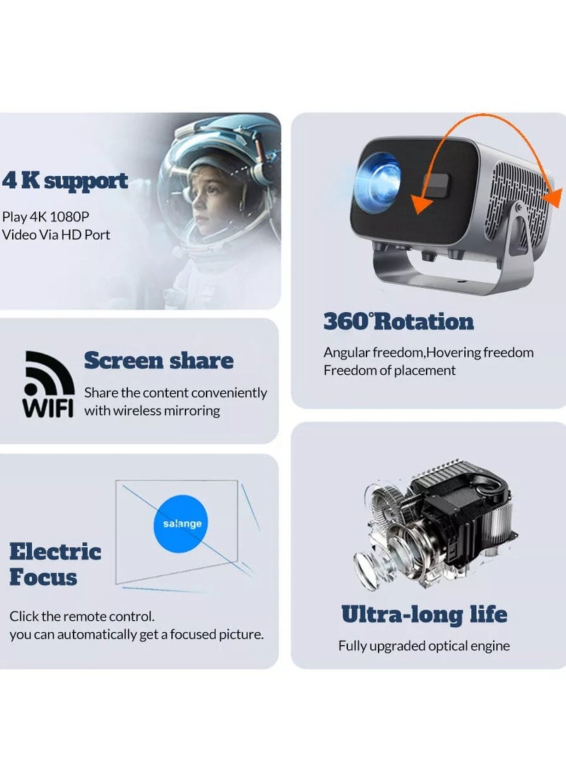 Eworld - Portable 360° Rotating Projector with Auto Keystone, Electric Focus and 220 Lumens, 4K Full HD 1280x1080P Dual WiFi Display for Outdoor and Home Movie Theater, Compatible with Android 11.1, Grey - Image 1