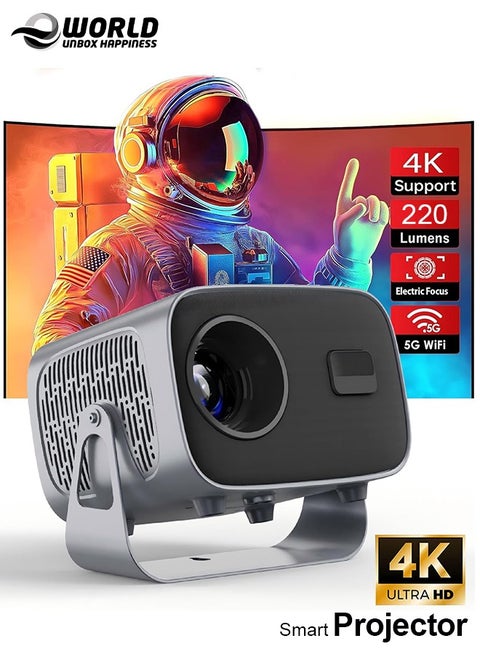 Portable 360° Rotating Projector with Auto Keystone, Electric Focus and 220 Lumens, 4K Full HD 1280x1080P Dual WiFi Display for Outdoor and Home Movie Theater, Compatible with Android 11.1, Grey