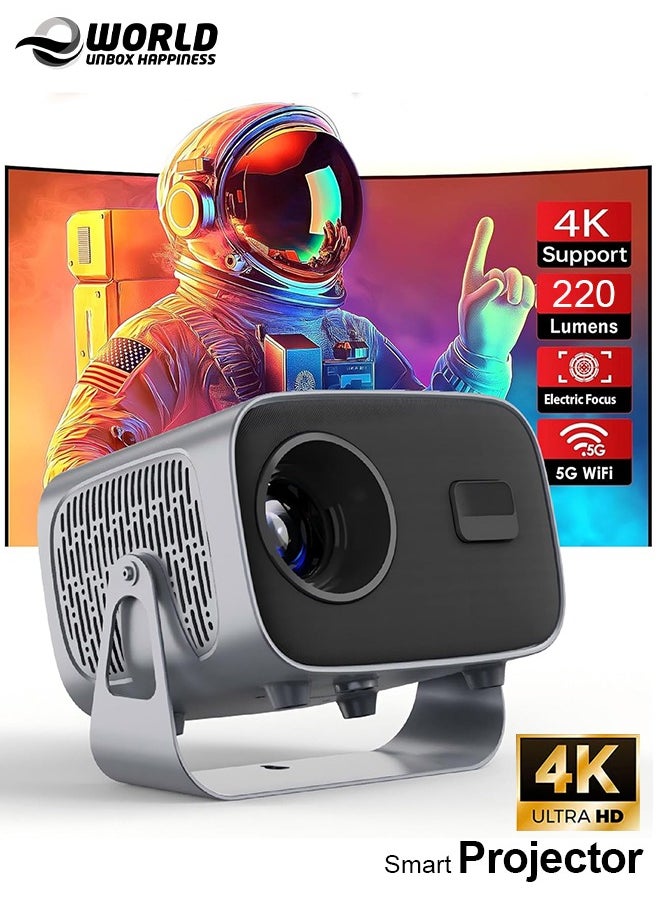 Eworld - Portable 360° Rotating Projector with Auto Keystone, Electric Focus and 220 Lumens, 4K Full HD 1280x1080P Dual WiFi Display for Outdoor and Home Movie Theater, Compatible with Android 11.1, Grey - Image 1