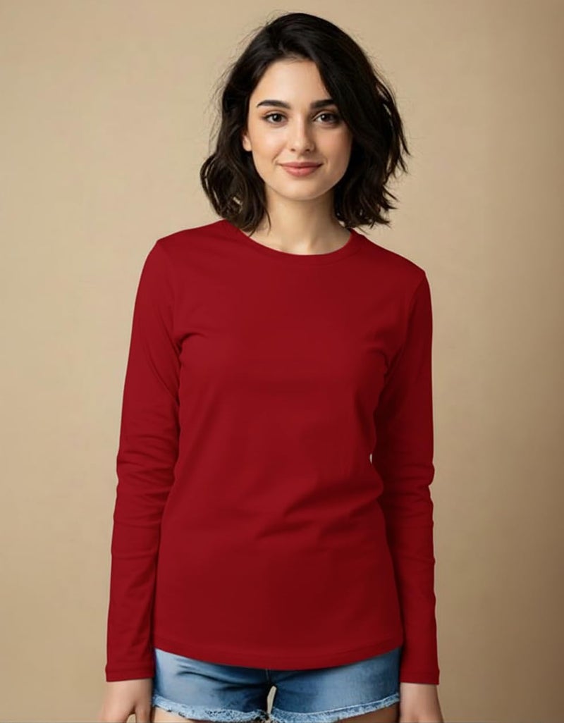 JUNEBERRY® Pure Cotton Round Neck Regular Fit Core Fashion Solid Full Sleeve T-Shirt for Women & Girls (JB_FS_REG_RD_XL) Red - Image 2