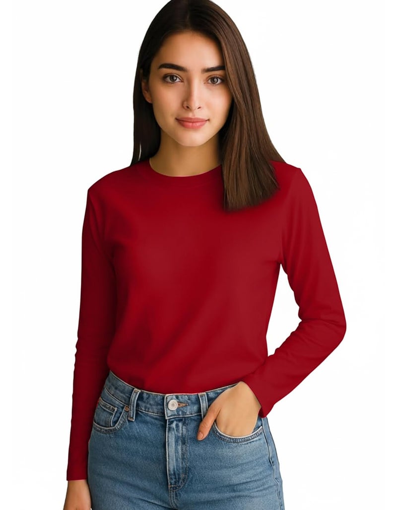 JUNEBERRY® Pure Cotton Round Neck Regular Fit Core Fashion Solid Full Sleeve T-Shirt for Women & Girls (JB_FS_REG_RD_XL) Red - Image 1