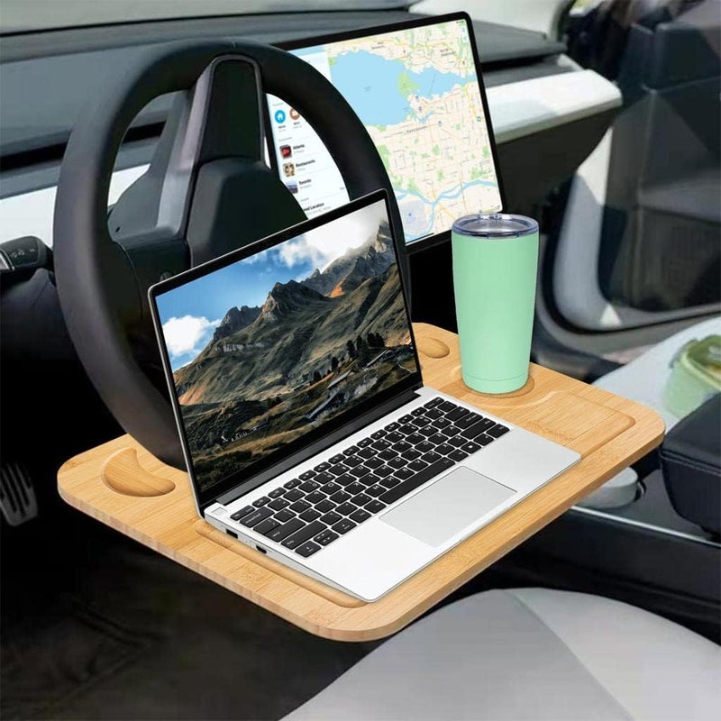lebogner Steering Wheel Tray, Car Tray for Eating, Hook On Steering Wheel Desk for Food, Laptop and Car Accessories, Car Road Trip Must Haves Gadgets Car Table (Bamboo Wood) - Image 3