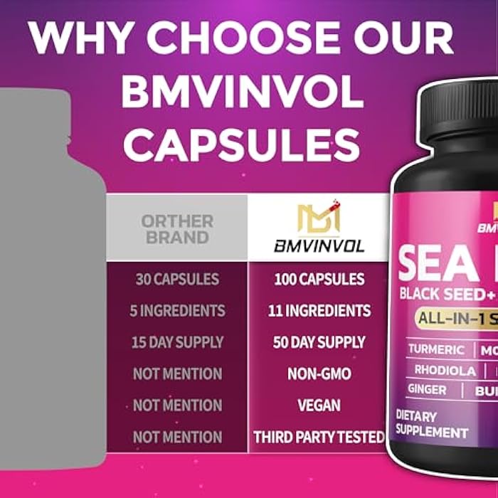 BMVINVOL Sea Moss Black Seed Shilajit Ashwagandha + Bladderwrack, Ginger, Moringa, Turmeric, Burdock, Ginseng, Rhodiola Rosea - 100 Capsules - Image 5