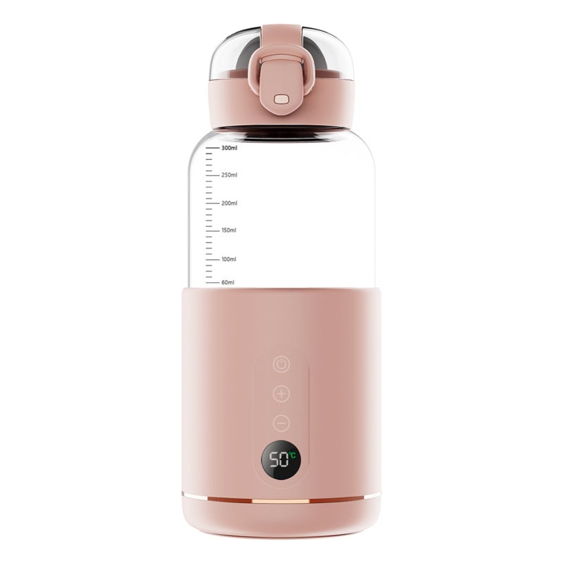 Baby Bottle Warmer, 300ml Pink: Food-Graded Borosilicate Glass & 316 Stainless Steel - Temperature Display, 5200mAh Battery Portable Water Warmer for Travel & Home Baby Care - Image 1