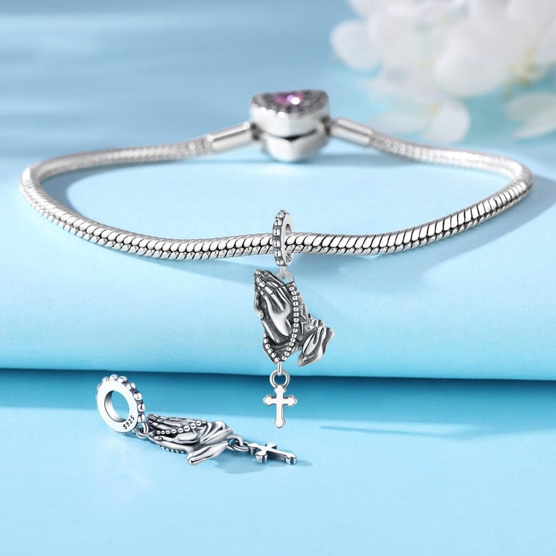 PANPOKI 925 Sterling Silver Charms for Bracelets and Necklace Religious Prayers Cross Dangle Pendants Star Moon God Bead Jewelry Present for Women Family Friends - Image 2