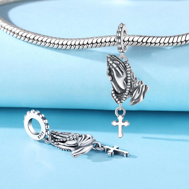 PANPOKI 925 Sterling Silver Charms for Bracelets and Necklace Religious Prayers Cross Dangle Pendants Star Moon God Bead Jewelry Present for Women Family Friends - Image 3