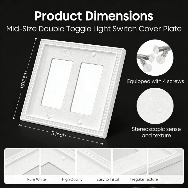 ZEFTV 10 Pack Mid-Size Decorator Wall Plates 2-Gang Switch Outlet Electrical Cover Plate Unbreakable Thermoplastic Faceplate for Light Receptacle Outlet Switch, Classic Beaded Relief Design, White - Image 2
