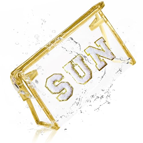 COSHAYSOO Clear Makeup Bag Sunscreen Zipper Pouch Women Fashion Beach Vacation Essentials Travel Summer Pool Stuff for Teenager Girls Preppy Gifts with Trendy Cute Chenille Letter Golden SUN - Image 1