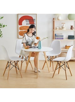 Taimi 5-Piece Dining Set,Modern Round Dining Table with 4 Elegant Chairs | Solid White Wood Table 80x80x70cm with 4 White Plastic Chairs and Wooden Legs  - Image 2