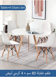 Taimi 5-Piece Dining Set,Modern Round Dining Table with 4 Elegant Chairs | Solid White Wood Table 80x80x70cm with 4 White Plastic Chairs and Wooden Legs  - Image 1