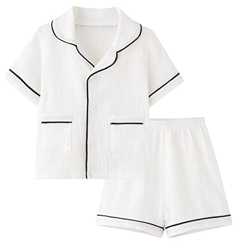 BINIDUCKLING Summer Pjs for Toddler Girls Boys Button Up Pajamas 2T White - Image 1