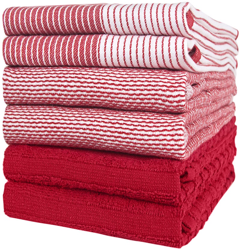 Premium Cotton Kitchen Towels 20x 28 6 Pack  Large Absorbent Terry  Flat Towel Set with Hanging Loop  Red