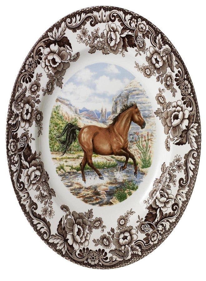 Spode Woodland American Quarter Horse Dinner Plate - 10.5 Inch Fine Earthenware with 1831 British Flowers Border, Microwave, Oven, Freezer & Dishwasher Safe - Made in England, Equestrian Tableware - Image 1