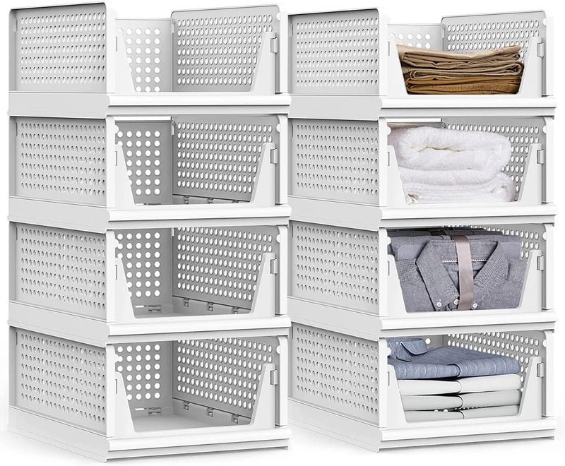 JEYANG Stackable Foldable Wardrobe Clothes Organizer Multipurpose Plastic Closet Storage Cupboard for Kitchen Bathroom Pack of 8 White - Image 1