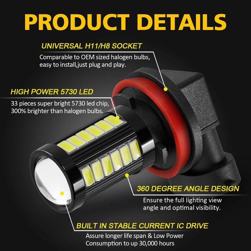 AUXLIGHT H11 H8 H11LL H8LL H16 (Japanese) LED Fog Light Bulbs 6000K Xenon White, Super Bright 2800 Lumens 33-SMD Chips LED Daytime Running Lights DRL Bulbs Replacement for Cars, Trucks (Pack of 2) - Image 2