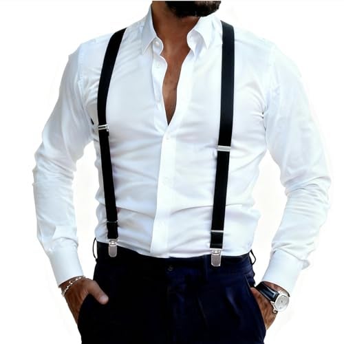 GUCHOL Black Suspenders for Mens with Strong Metal Clips Adjustable Elastic Y Style Leather Heavy Pants Suspender for Wedding&Party (Black) - Image 2