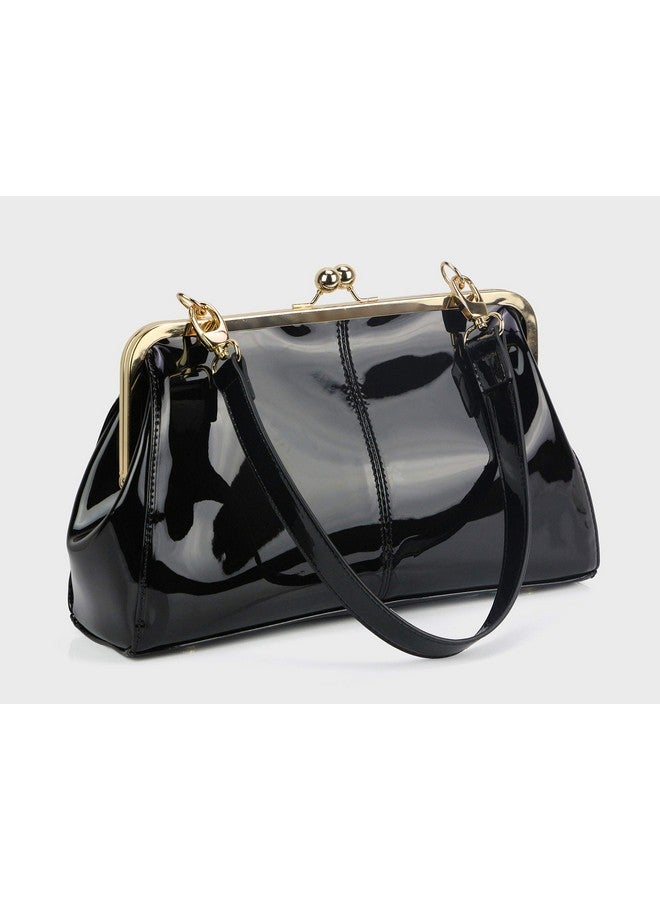 MICOM Vintage Kiss Lock Handbags Shiny Patent Leather Evening Shoulder Tote Bags with Chain Strap (Black) Medium  - Image 3