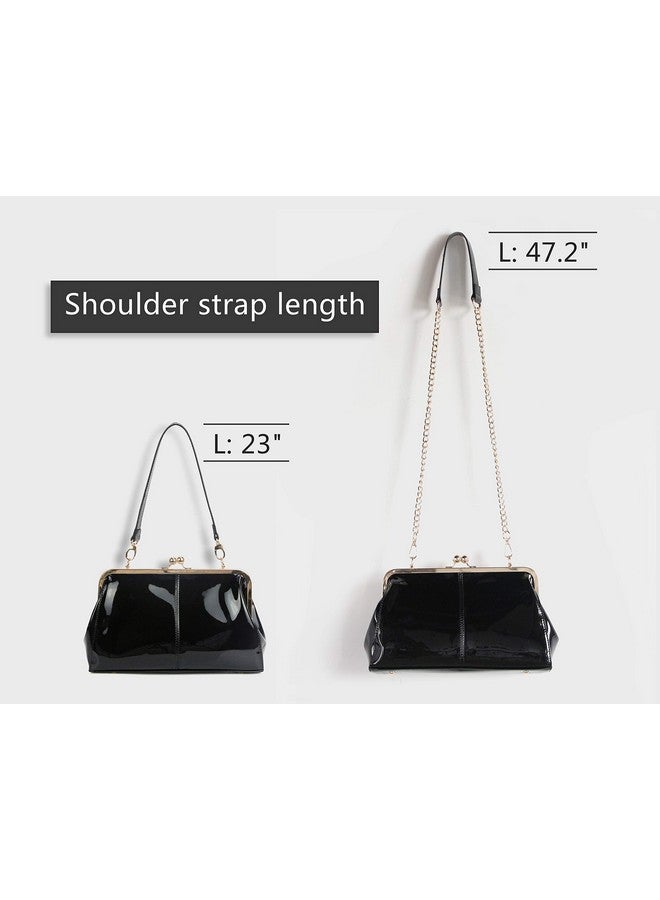 MICOM Vintage Kiss Lock Handbags Shiny Patent Leather Evening Shoulder Tote Bags with Chain Strap (Black) Medium  - Image 2