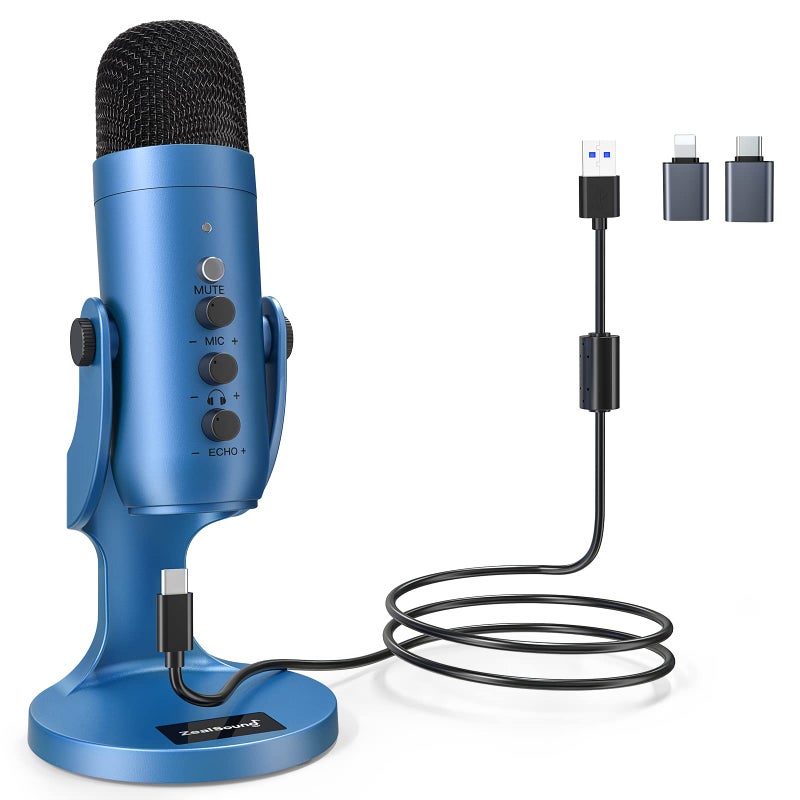 ZealSound ميكروفون USB من ZealSound، ميكروفون مكثف للألعاب للهاتف/الكمبيوتر المحمول/الكمبيوتر/PS4/5/الكمبيوتر، ميكروفون مع زر ضبط الصوت، كتم صوت LED، ضبط مستوى الصوت، قاعدة للستريمينغ، البودكاست، تسجيل الاستوديو (أزرق) - Image 1