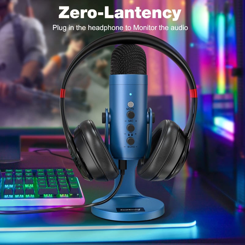 ZealSound ميكروفون USB من ZealSound، ميكروفون مكثف للألعاب للهاتف/الكمبيوتر المحمول/الكمبيوتر/PS4/5/الكمبيوتر، ميكروفون مع زر ضبط الصوت، كتم صوت LED، ضبط مستوى الصوت، قاعدة للستريمينغ، البودكاست، تسجيل الاستوديو (أزرق) - Image 4