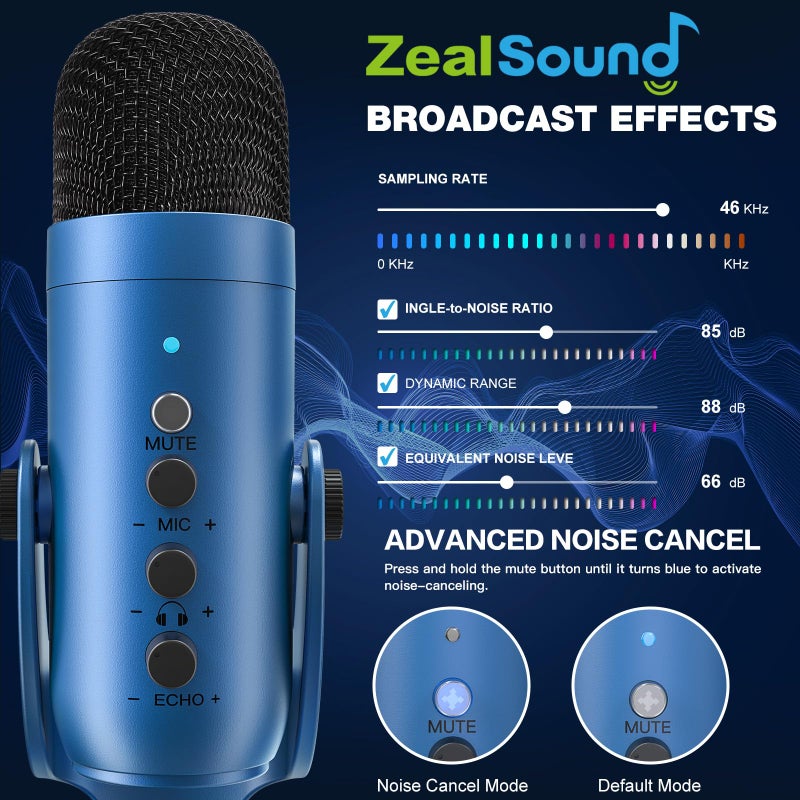 ZealSound ميكروفون USB من ZealSound، ميكروفون مكثف للألعاب للهاتف/الكمبيوتر المحمول/الكمبيوتر/PS4/5/الكمبيوتر، ميكروفون مع زر ضبط الصوت، كتم صوت LED، ضبط مستوى الصوت، قاعدة للستريمينغ، البودكاست، تسجيل الاستوديو (أزرق) - Image 3