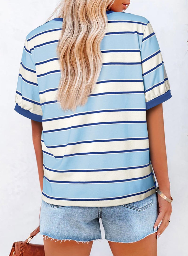 Dokotoo Women's Clothing Summer Tops 2026 Trendy Striped Color Block Short Sleeve Tshirts for Women Cotton T-Shirts Dressy Casual Crewneck T Shirts Loose Fit Soft Basic Tee Blouses Sky Blue Small - Image 2