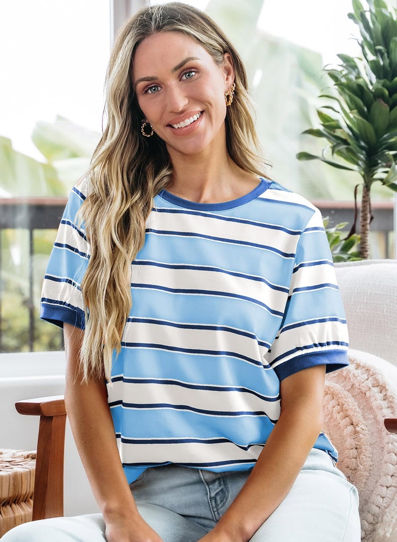 Dokotoo Women's Clothing Summer Tops 2026 Trendy Striped Color Block Short Sleeve Tshirts for Women Cotton T-Shirts Dressy Casual Crewneck T Shirts Loose Fit Soft Basic Tee Blouses Sky Blue Small - Image 5