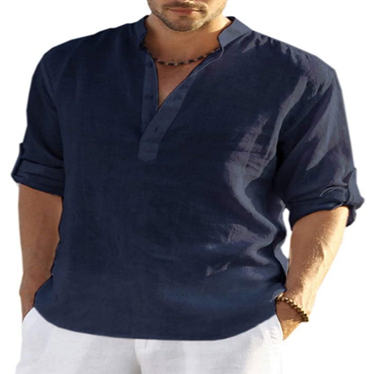2022 foreign trade men's linen long-sleeved T-shirt loose shirt solid color long-sleeved cotton and linen shirt men's plus size code Light blue XXXL - Image 4