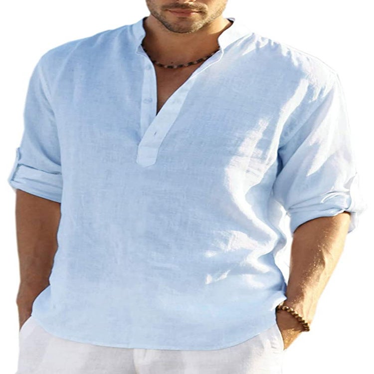 2022 foreign trade men's linen long-sleeved T-shirt loose shirt solid color long-sleeved cotton and linen shirt men's plus size code Light blue XXXL - Image 3