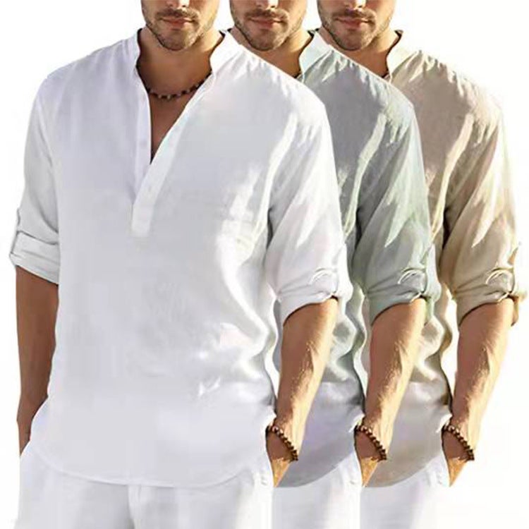 2022 foreign trade men's linen long-sleeved T-shirt loose shirt solid color long-sleeved cotton and linen shirt men's plus size code Light blue XXXL - Image 2