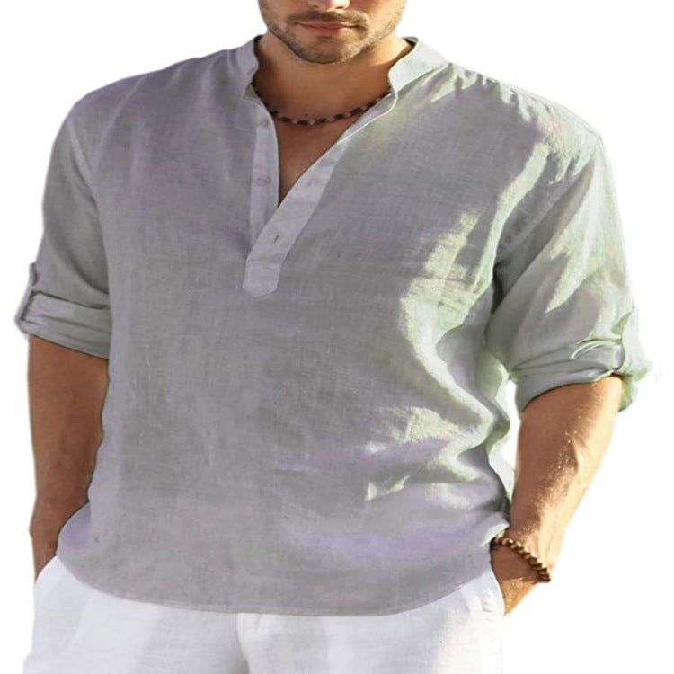2022 foreign trade men's linen long-sleeved T-shirt loose shirt solid color long-sleeved cotton and linen shirt men's plus size code Light blue XXXL - Image 5