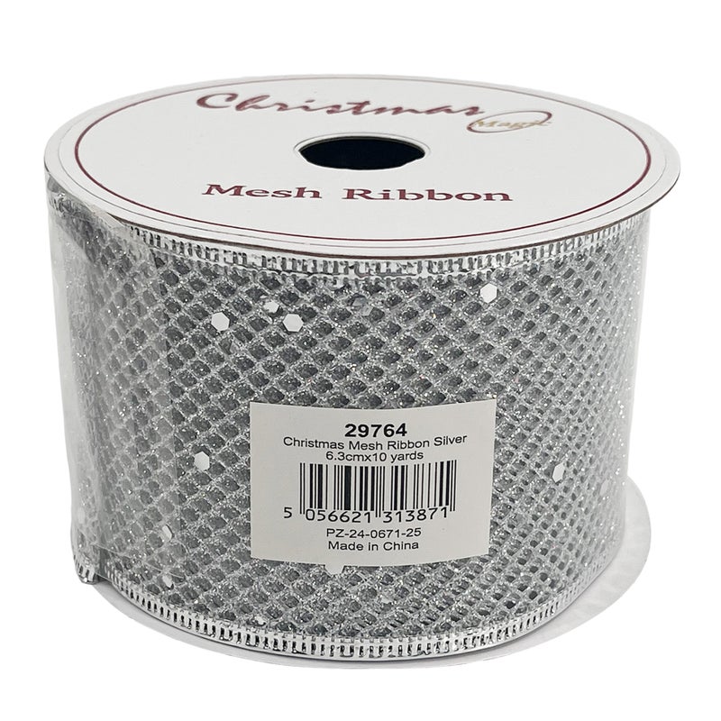 CHRISTMAS MAGIC Christmas Mesh Ribbon Silver 6.3cmx10 yards - Image 4