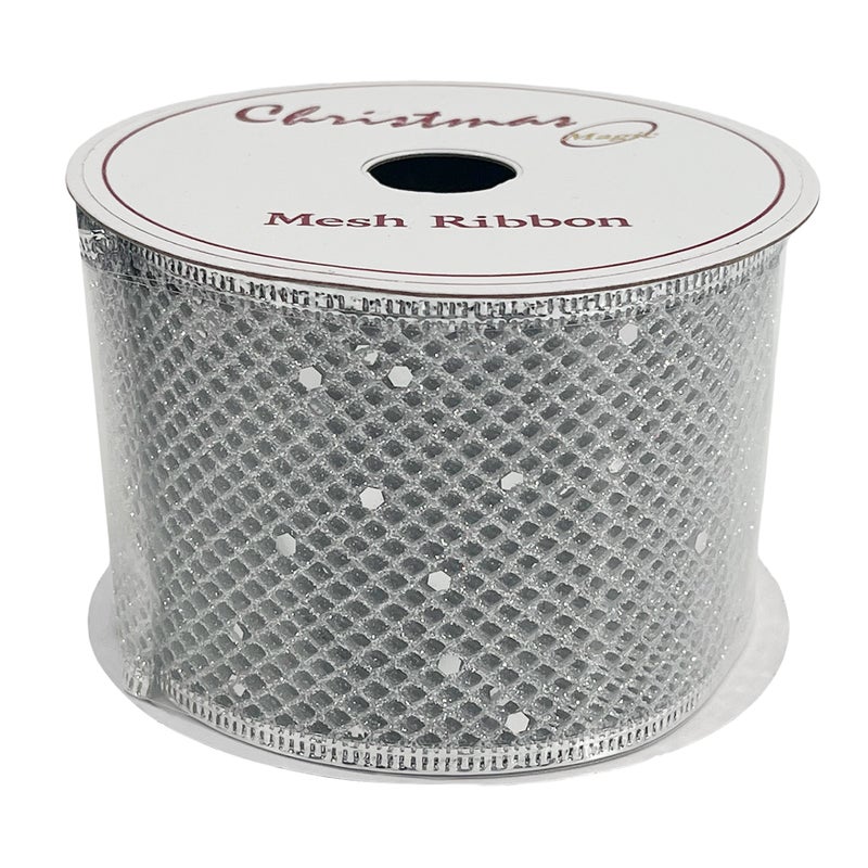CHRISTMAS MAGIC Christmas Mesh Ribbon Silver 6.3cmx10 yards - Image 3