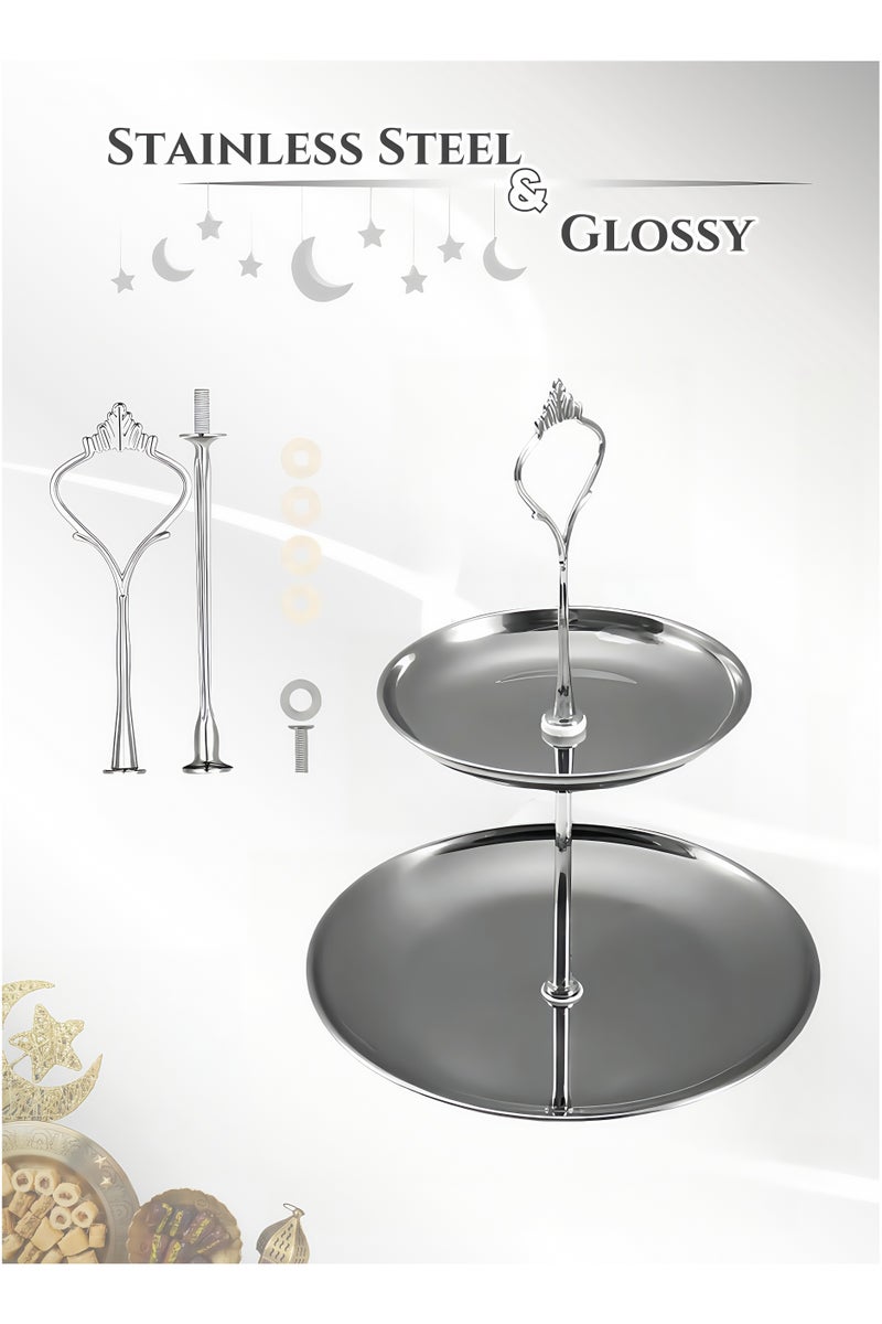 Stainless Steel 2-Layer Dessert Stand Fruit Tray ,Cake Stand,Display Rack, Kitchen Dining Tray, Serving Trays with European Crown Handle,  Tray Decor Coffee Table Round Tray, Perfume Jewelry Trays,for Family Gatherings, Afternoon tea, Office activities, Banquet Celebrations,Hotel Restaurants20/14X23cm - Image 1