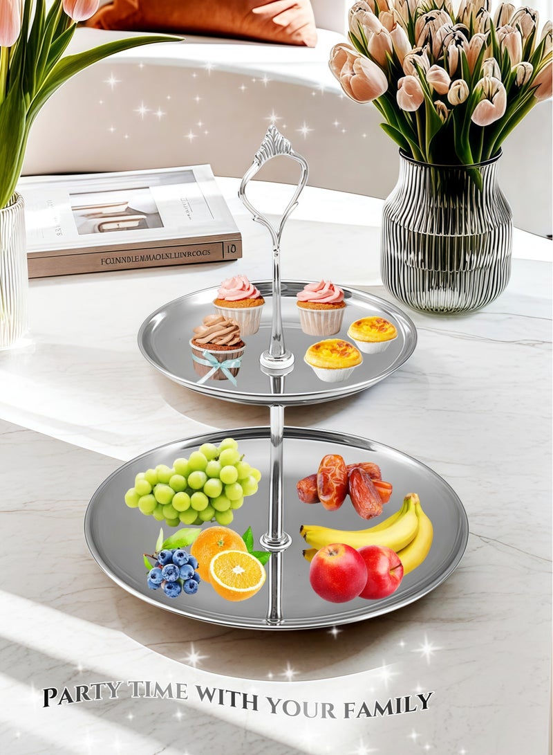 Stainless Steel 2-Layer Dessert Stand Fruit Tray ,Cake Stand,Display Rack, Kitchen Dining Tray, Serving Trays with European Crown Handle,  Tray Decor Coffee Table Round Tray, Perfume Jewelry Trays,for Family Gatherings, Afternoon tea, Office activities, Banquet Celebrations,Hotel Restaurants20/14X23cm - Image 2