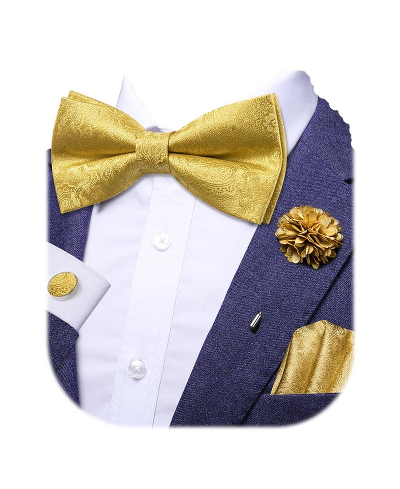 Dubulle Mens Bowtie and Lapel Pin Set Paisley Floral Pretied Bowtie with Pocket Square Cufflinks,A Gold - Image 1
