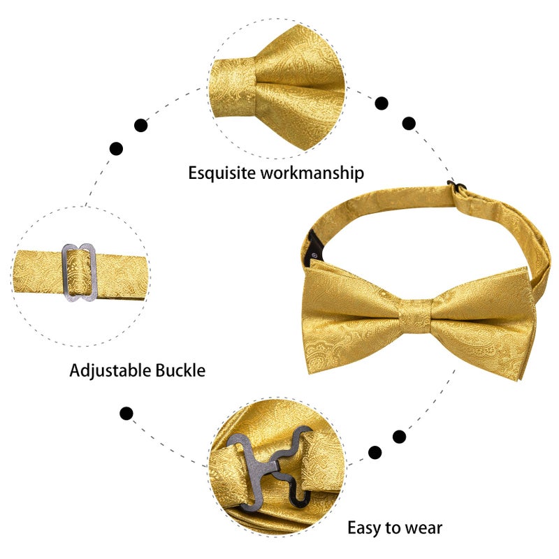 Dubulle Mens Bowtie and Lapel Pin Set Paisley Floral Pretied Bowtie with Pocket Square Cufflinks,A Gold - Image 2