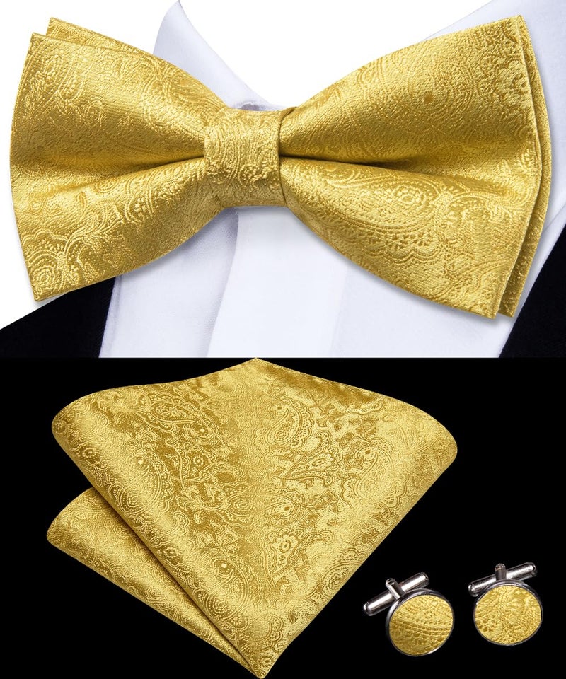 Dubulle Mens Bowtie and Lapel Pin Set Paisley Floral Pretied Bowtie with Pocket Square Cufflinks,A Gold - Image 4