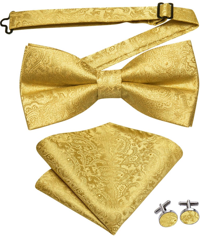 Dubulle Mens Bowtie and Lapel Pin Set Paisley Floral Pretied Bowtie with Pocket Square Cufflinks,A Gold - Image 3