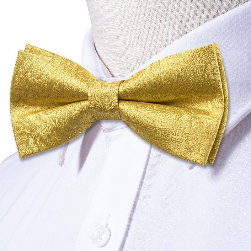 Dubulle Mens Bowtie and Lapel Pin Set Paisley Floral Pretied Bowtie with Pocket Square Cufflinks,A Gold - Image 5