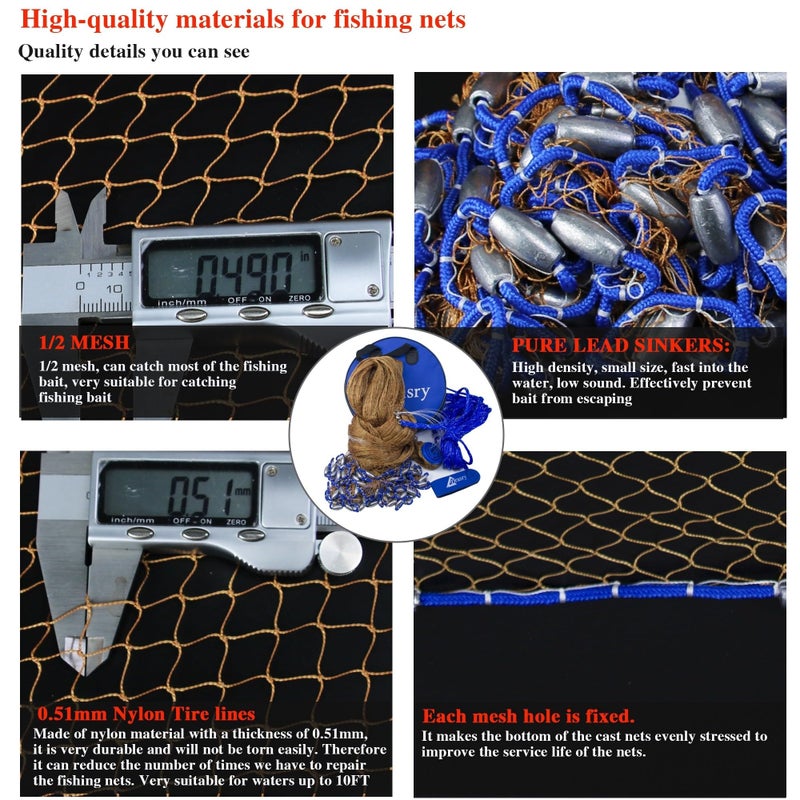 Drasry 1/2 Saltwater Fishing Cast Net for Bait Trap with Heavy Lead Sinkers Fish Throw Net. Size 3ft/4ft/5ft/6ft/7ft/8ft/9ft Radius Freshwater Nets (Tire Lines Cast Net, 5FT(150cm) Radius) - Image 3