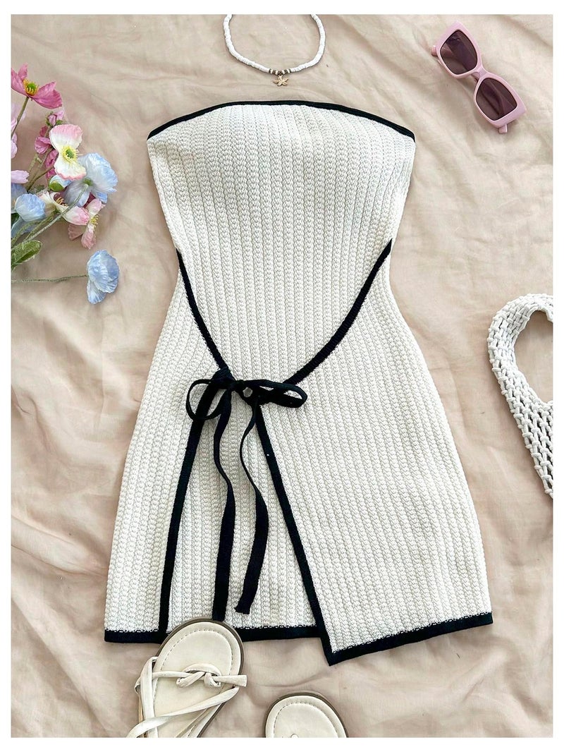 MakeMeChic Women's Knitted Strapless Sweater Dress Wrap Tie Front Party Mini Tube Dresses Beige Large - Image 5