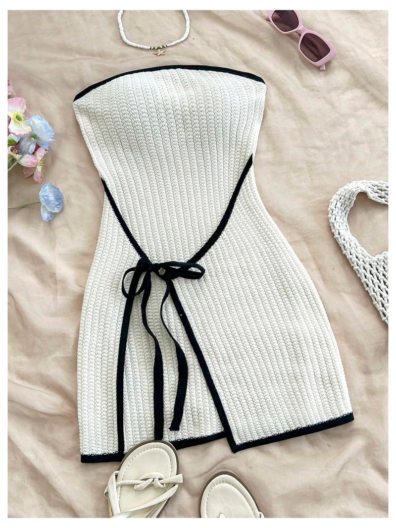 MakeMeChic Women's Knitted Strapless Sweater Dress Wrap Tie Front Party Mini Tube Dresses Beige Large - Image 2
