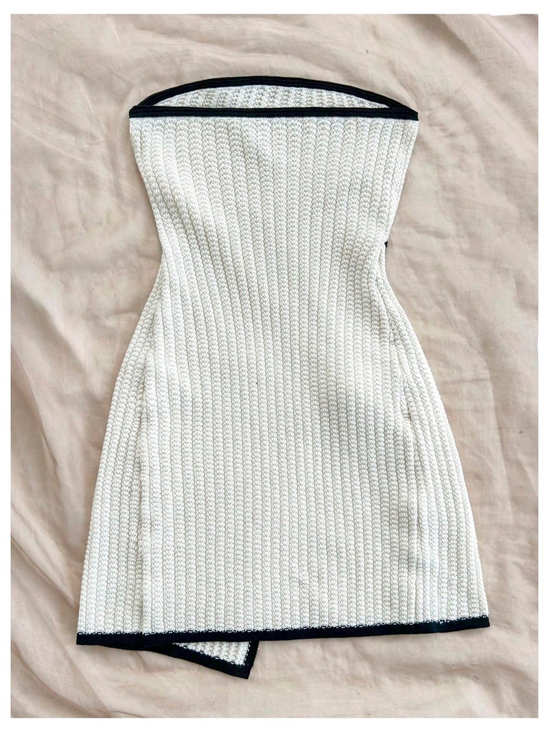 MakeMeChic Women's Knitted Strapless Sweater Dress Wrap Tie Front Party Mini Tube Dresses Beige Large - Image 3