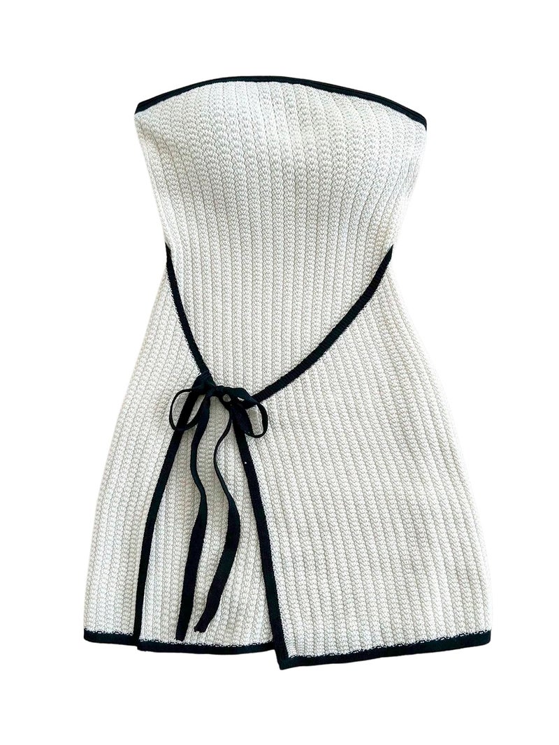 MakeMeChic Women's Knitted Strapless Sweater Dress Wrap Tie Front Party Mini Tube Dresses Beige Large - Image 1