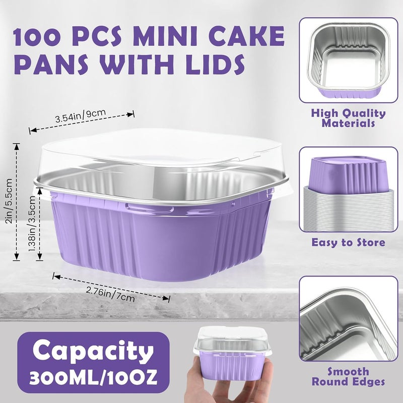 Skylety 100 Pcs 5 oz Mini Square Baking Pan with Lid Aluminum Foil Cupcake Pan Brownie Baking Cup Disposable Ramekins Individual Tin Dessert Containers for Kitchen, Food Grade Material (Light Purple) - Image 2