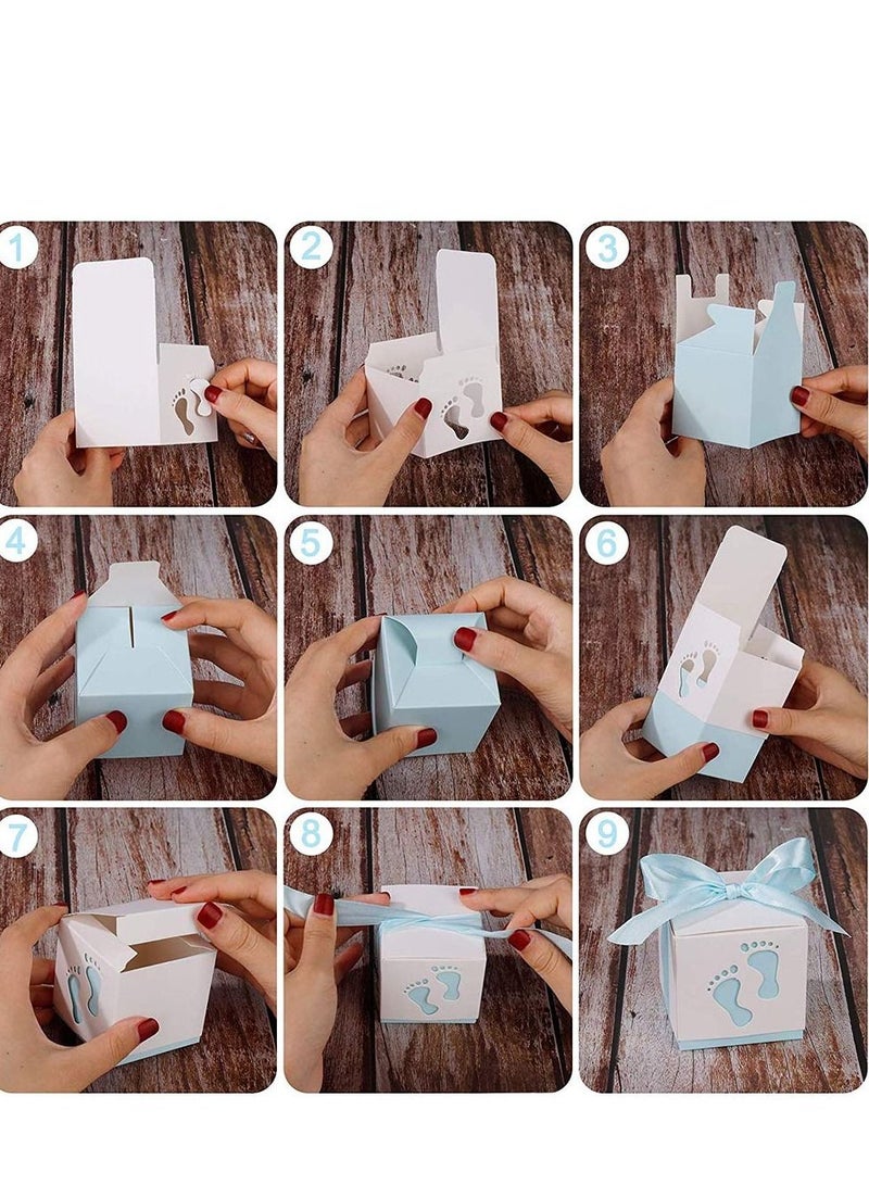 Excefore Candy Favour Gift Boxes, Ribbon Box, 50 Pieces Baby Box, Footprints , for Showers, Kids Birthday, Wedding Party, Partys (Blue) - Image 3