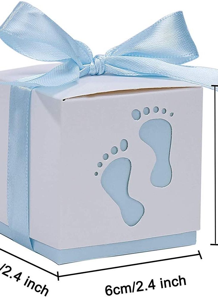 Excefore Candy Favour Gift Boxes, Ribbon Box, 50 Pieces Baby Box, Footprints , for Showers, Kids Birthday, Wedding Party, Partys (Blue) - Image 2